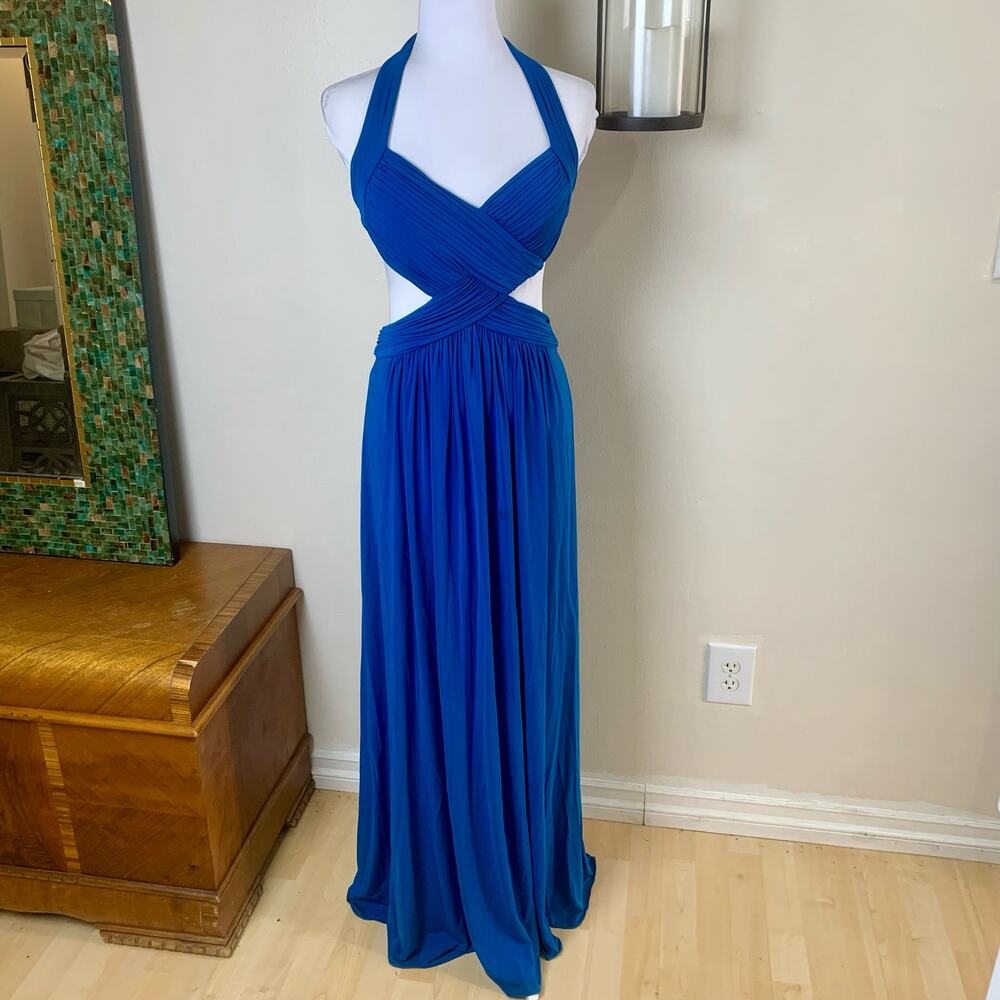 BCBGMaxAzria Suze S Jordana Cut Out Halter Dress Blue Backless Gown